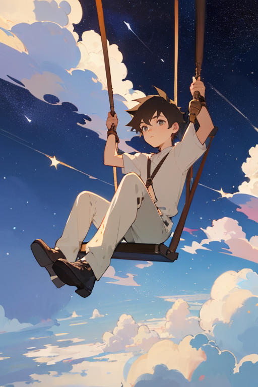 03378-828677208-A boy sitting on a giant swing made of clouds, with a sky full of stars as the backdrop._lora_flat2_1.2_,.png